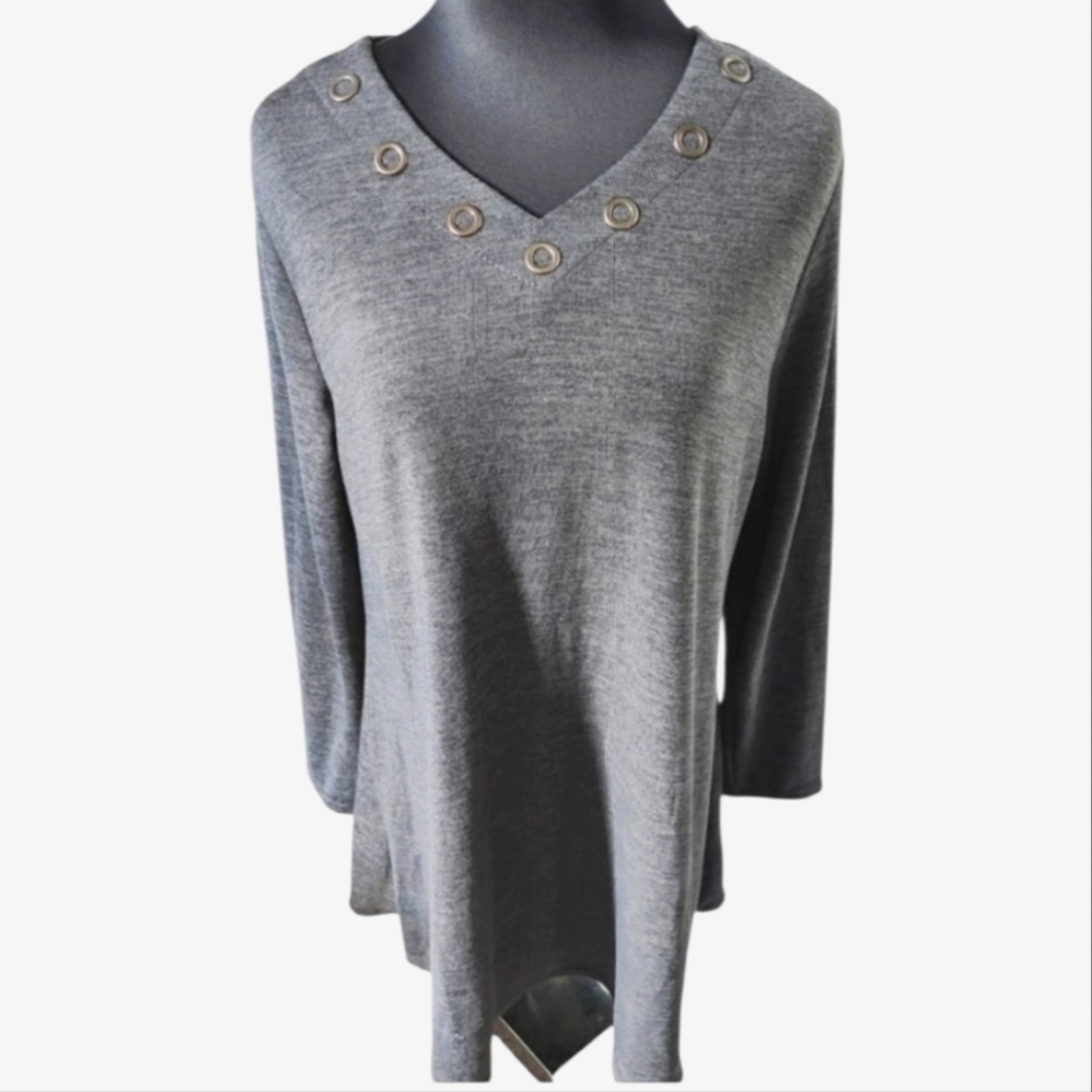 DOMANI Cotton Blend Tunic Top V Neck 3/4 Sleeve Grey Size XL NWT